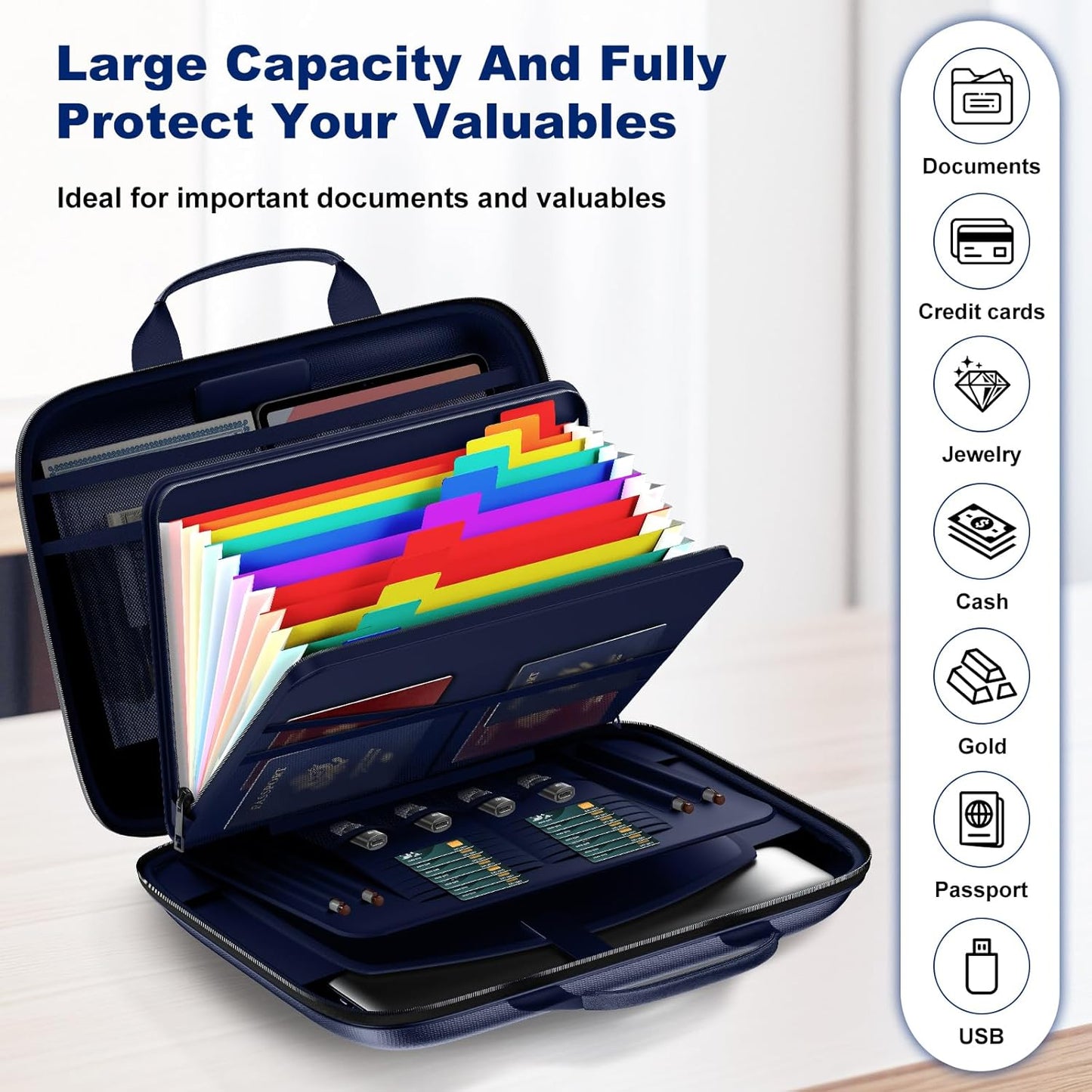 Fireproof Document Box, Hard Case Fireproof File Organizer Box with Lock and 13 Pocket Accordion File Folder, Portable Safe Box for Home Office Travel to Storage Important Documents Laptop Blue