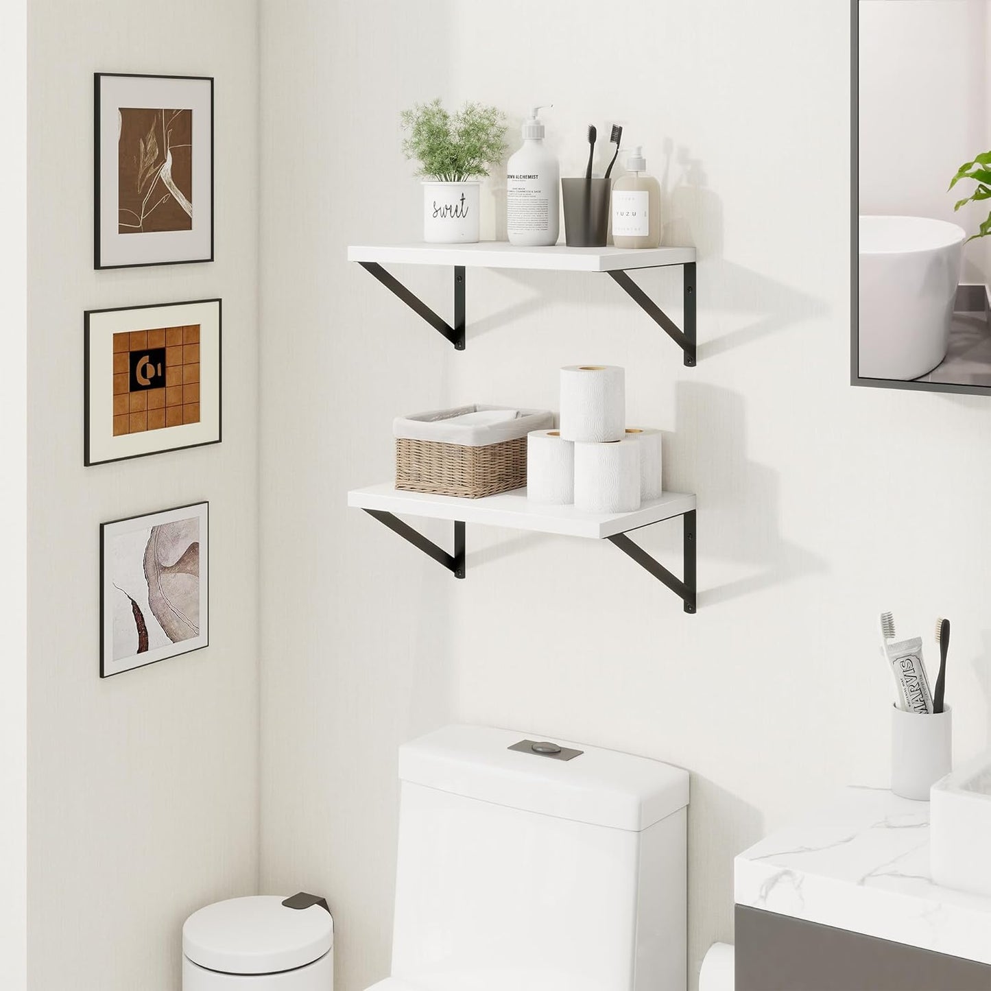 Axeman White Floating Shelves for Wall - 10 Inch Deep Floating Shelves Set of 2-16 Inch Wide x 10 Inch Deep White Wall Shelves for Living Room Bathroom Bedroom