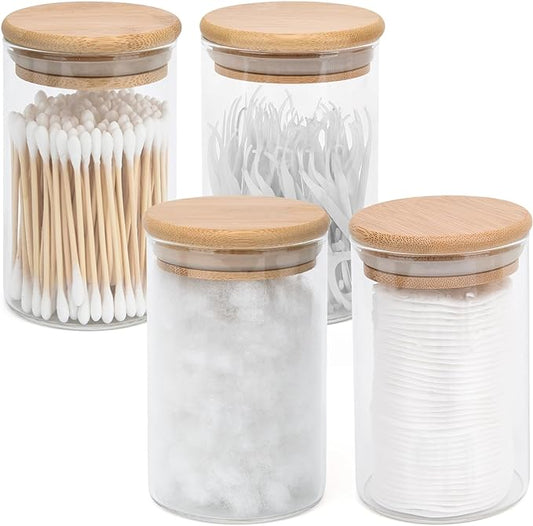 4 Pack Glass Qtip Holder Dispenser Set - Apothecary Jars with Lids for Vanity Makeup Organizer - Bathroom Canister Storage Organizer for Cotton Ball, Swab, Round Pads,Floss