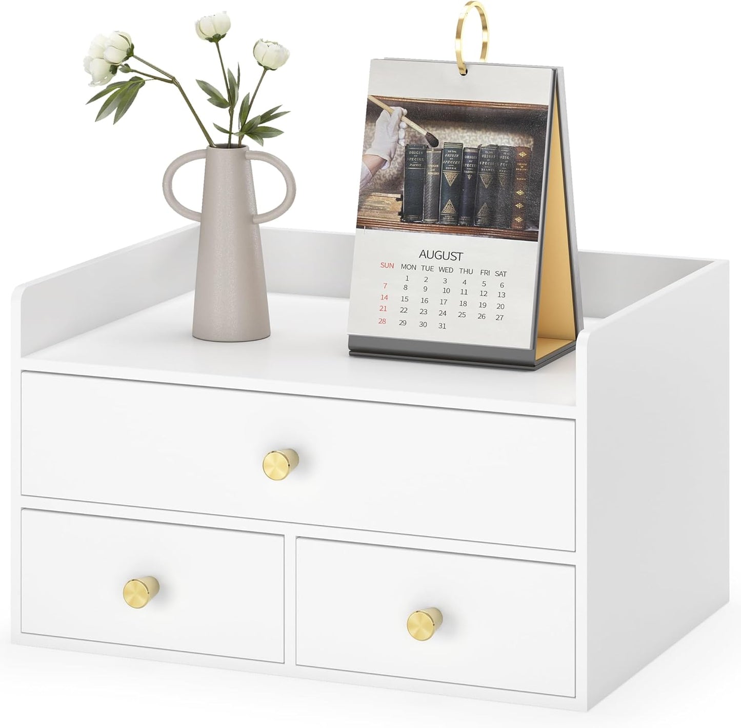 Bamboo Desk Organizer with Drawers Wooden Desktop Storage Drawers for Bills Office Supplies Kitchen Utensils Organizing Tool for Home Classroom Organization No Assembly (3 Drawers, White)