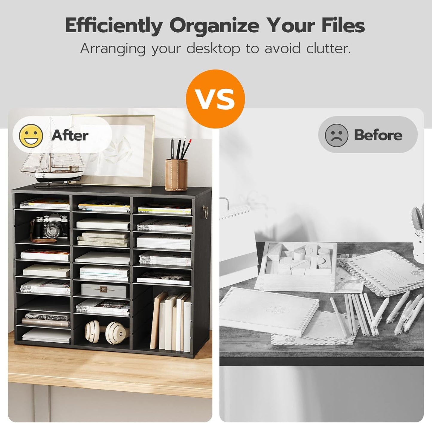 HOOBRO Literature Organizer, 27 Compartments Wooden Mail Organizer, Countertop Literature Sorter with Adjustable Shelves for Home, Office, School, Student Mailbox for Classroom, Black BK27WF01