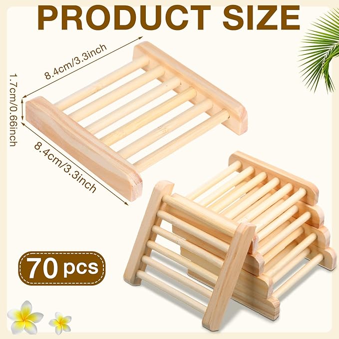 Amyhill 100 Pcs Bamboo Wood Soap Dish Bulk Bathroom Wooden Soap Holder Savers Self Draining Dishes Handcraft Tray, 3.3 x 3.3 x 0.67 Inch (Wood Color)