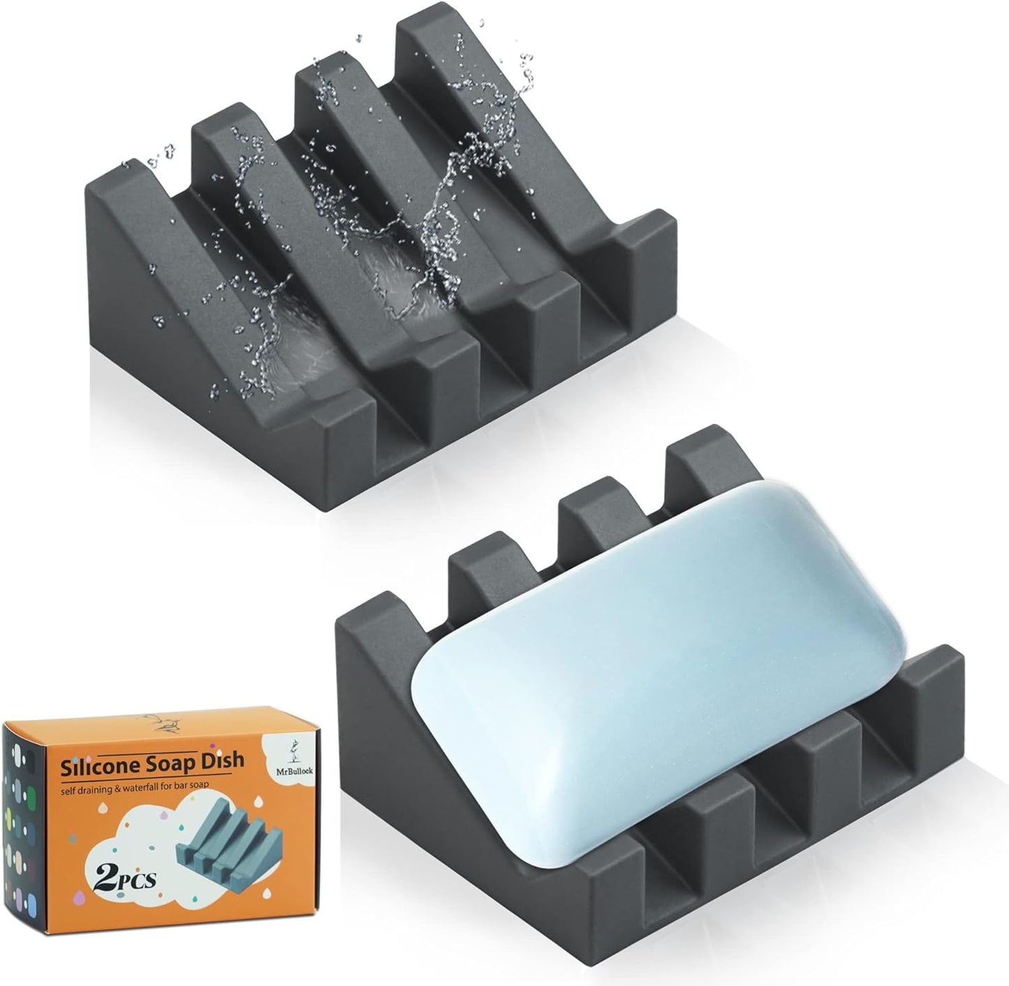 Silicone Soap Dish for Bar Soap Holder for Shower Bathroom Self Draining Waterfall Drying Tray Keep Soap Bars Dry Clean & Easy Cleaning (Grey, 2)