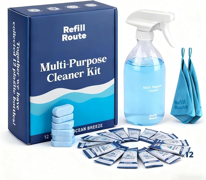 All Purpose Cleaner Starter Kit – Eco-Friendly Multipurpose Cleaner Set with Refillable Glass Spray Bottle, 12 Concentrated Cleaner Tablets & 2 Microfiber Cloths（12 x 16 Fl oz）–Plastic-Free
