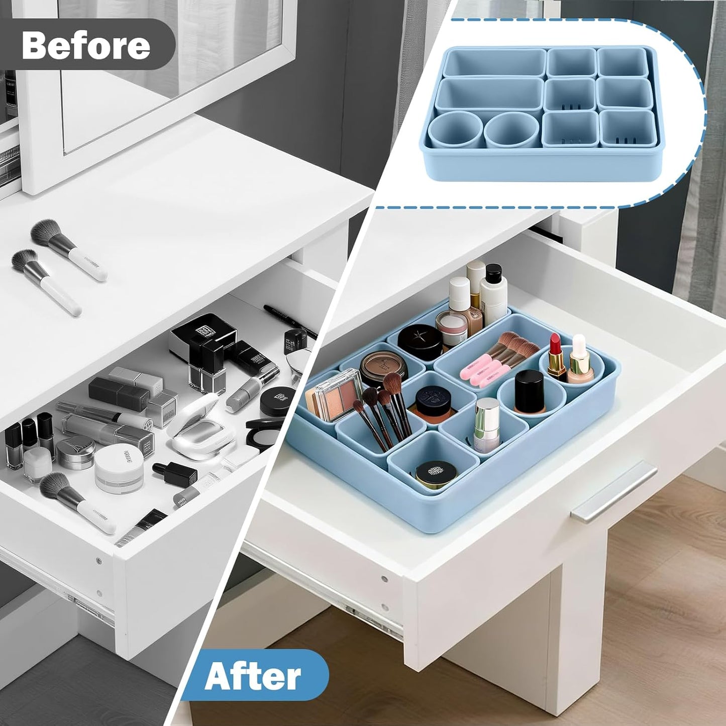10 PCs Silicone Drawer Organizer Set, Desk and Vanity Makeup Organizer, Versatile Dresser Drawer Organizers for Makeup, DIY Storage, Home Organization, Bedroom, Office