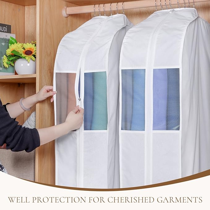 Univivi Premium Cotton Garment Bags for Hanging Clothes, 32 Inch Washable Suit Storage Bags for Closet Storage with Extra Large 10" Gusset & Clear Window - Perfect for Shirts, Short Skirt - 2 Pack