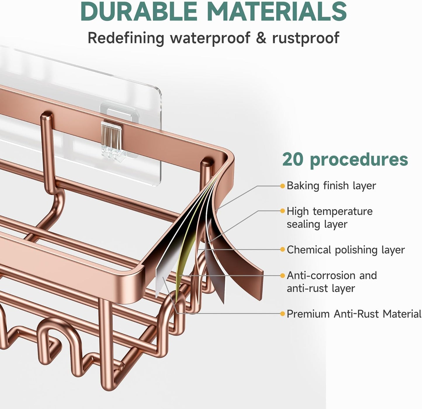 Veken Shower Caddy 6-Pack, No Drilling & Rustproof, Waterproof Adhesive Shelves Rack with Soap Holder, Large Capacity Bathroom Organizers and Storage, Wall-Mounted Kitchen & Home Decor, Rose Gold