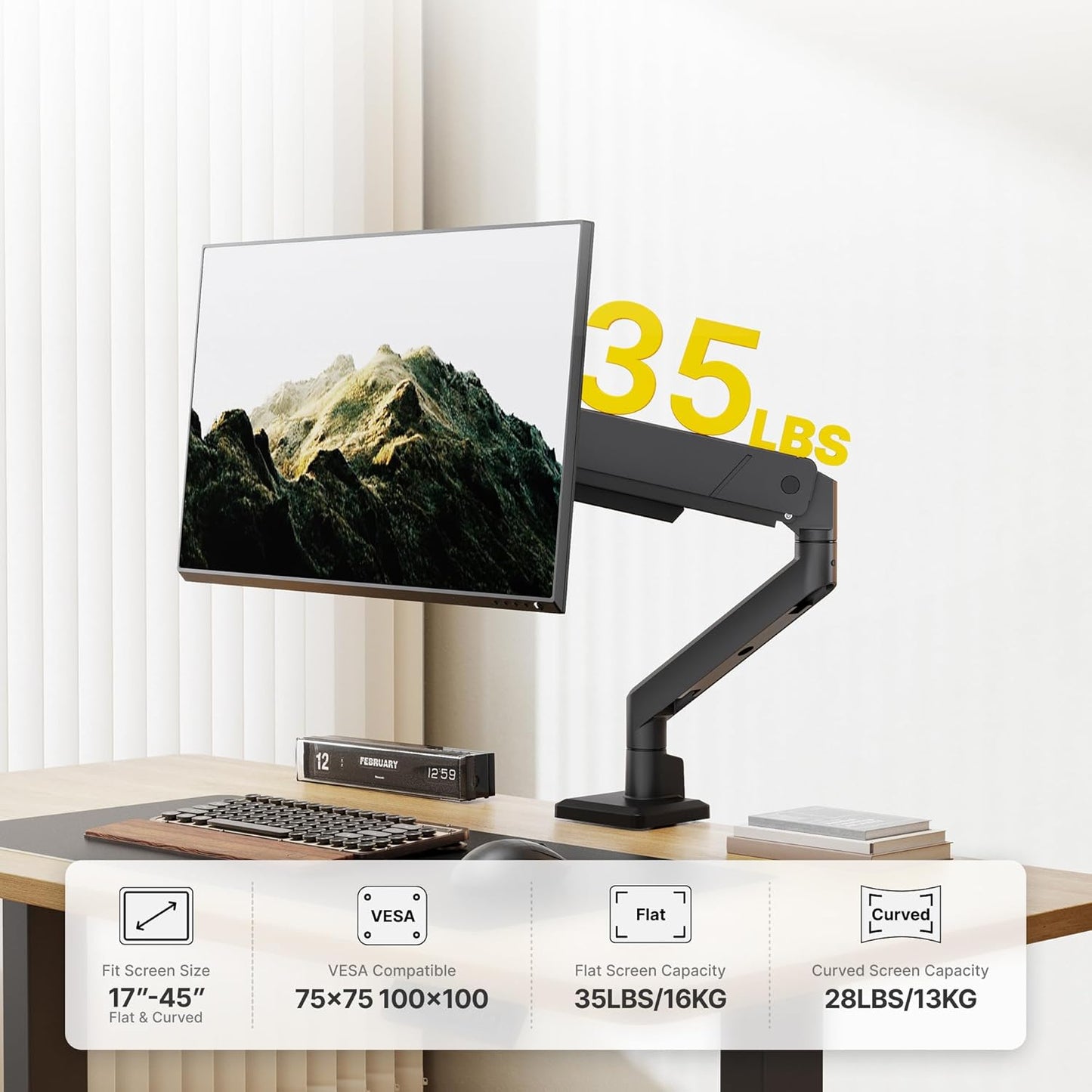 monTEK Single Monitor Arm for Max 45 Inch Ultrawide Screens Adjustable Monitor Desk Mount Holds 35 Lbs Cable Management with Clamp/Grommet Desk Mount, VESA 75/100mm, MA1007BK