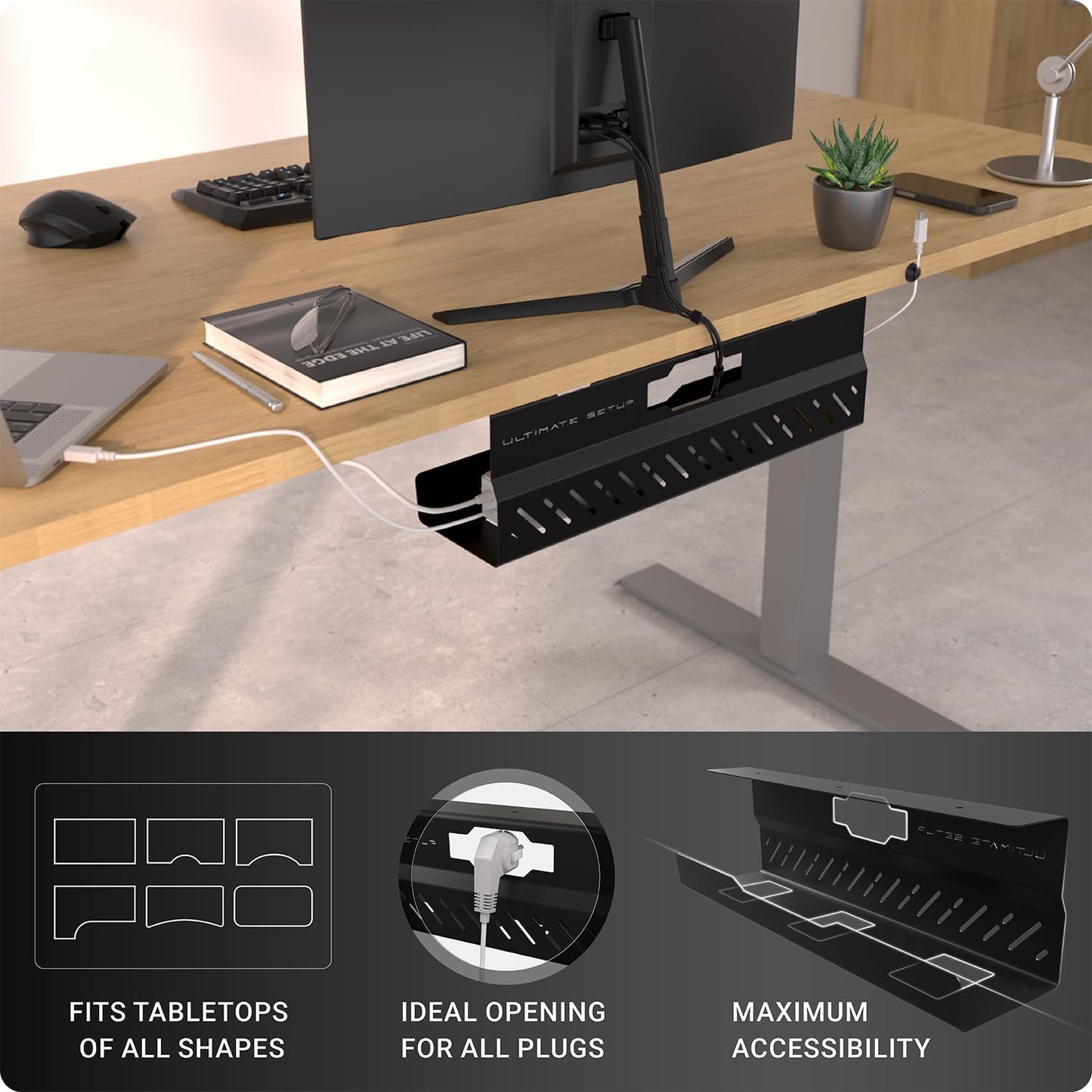 Under Desk Cable Management Tray no Drill – Wire Management - Cord Organizer – Huge Load Capacity – Under Desk Cable Tray no Drill (Black, 1 Piece Set)