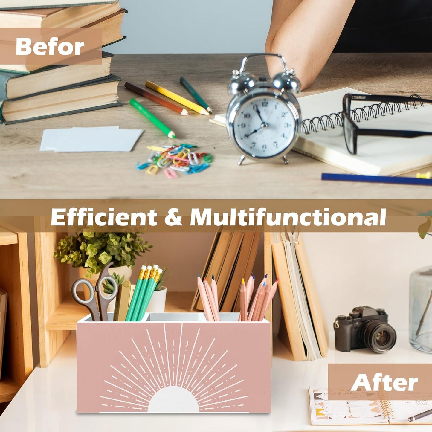 DILSJ Pink Boho Abstract Sunshine Pen Pencil Holder Organizer for Desk, Boho Office Decor, Pink Mid Century Modern Minimalist Sun Sunshine Wooden Box Signs for Home Office Desk Tabletop Decoration