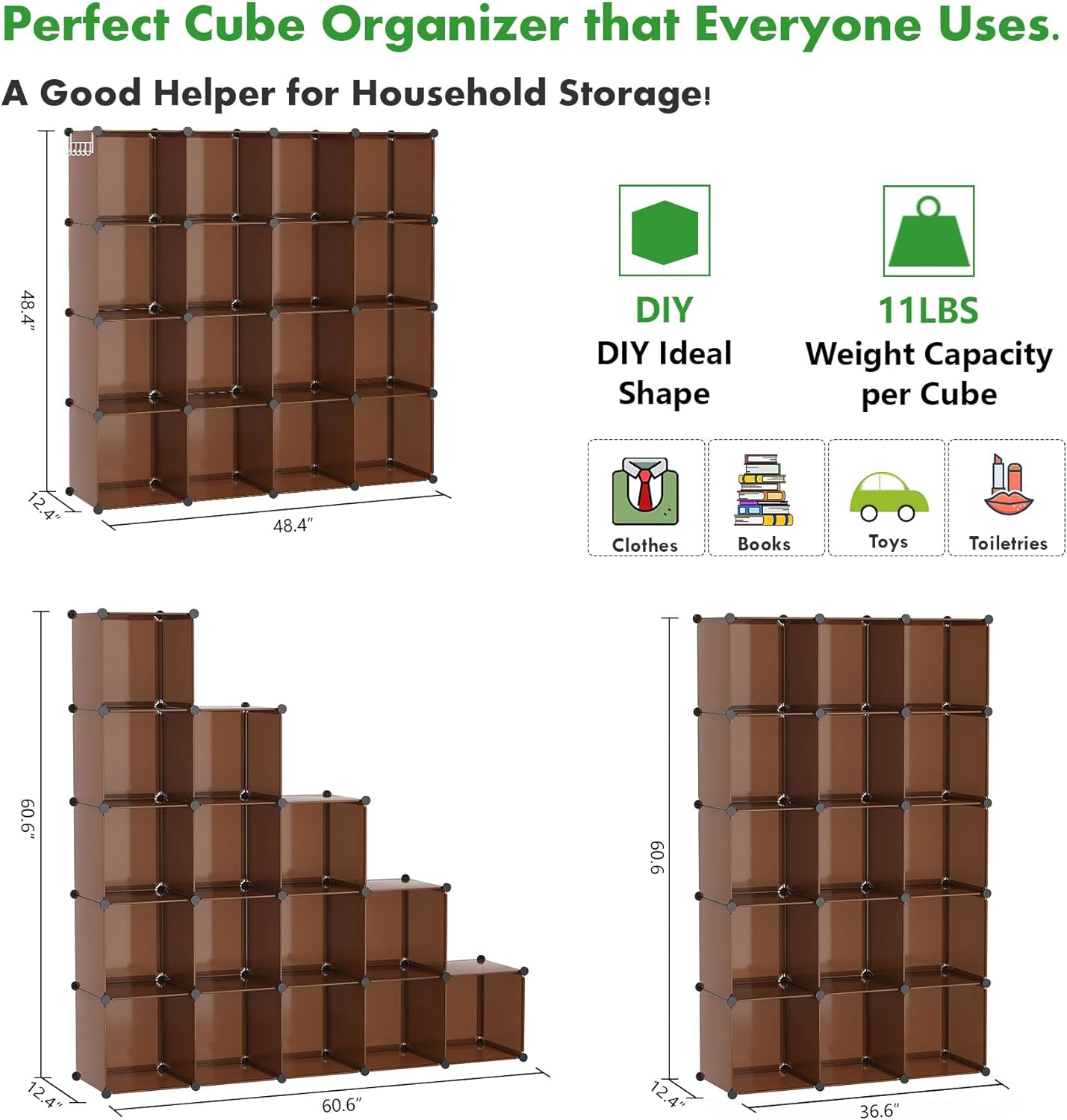 C&AHOME 16-Cube Storage Organizer, Plastic Shelves Units, DIY Closet Organizer, Modular Shelves Ideal for Home, Bedroom, 48.4" L 12.4" W 48.4" H Brown UPCS16C