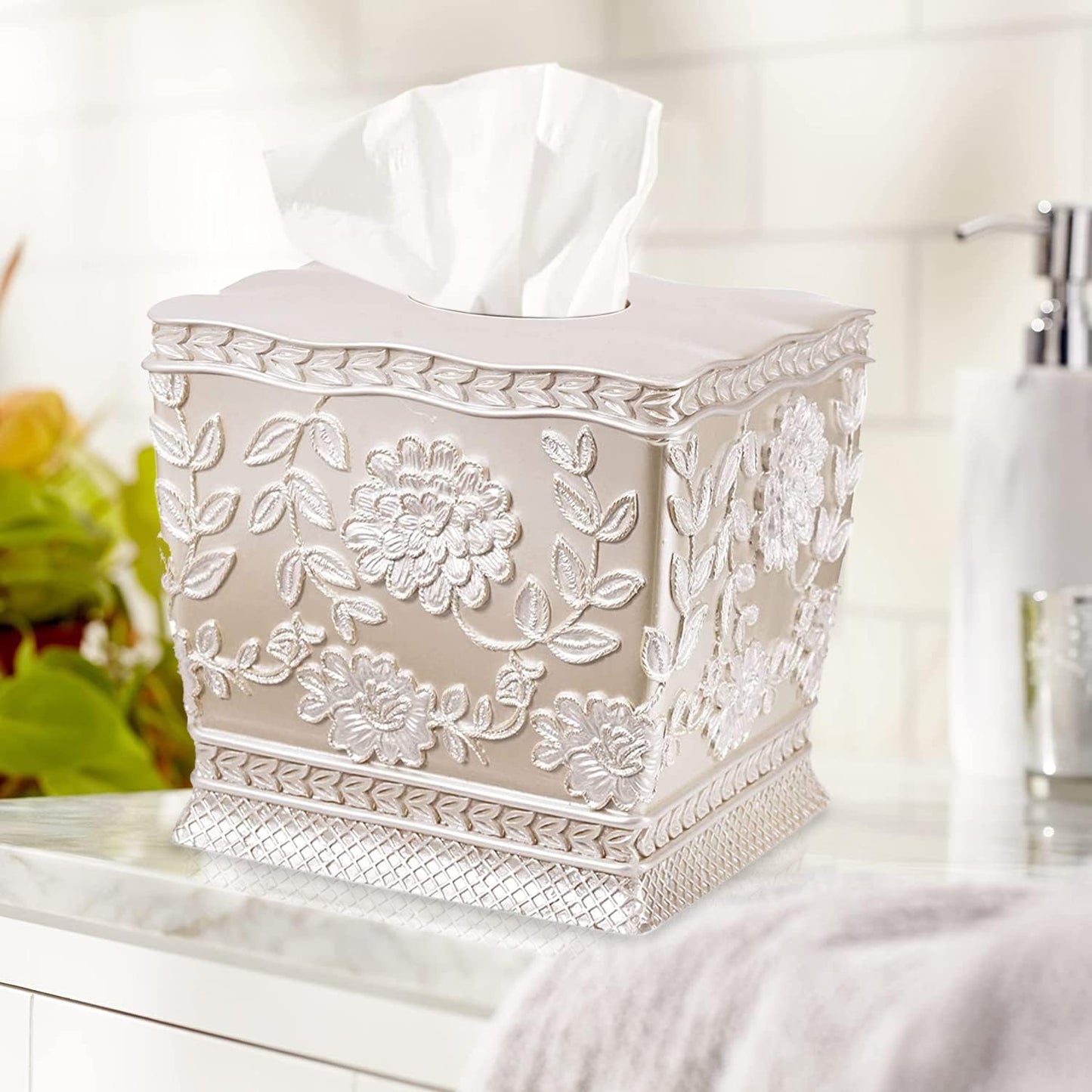 Zahari Home 2pc Rose Vine Bathroom Set Waste Basket & Tissue Cover Modern Classic Decor Stylish Unique Design Beautiful Beige Bathroom Accessories Set