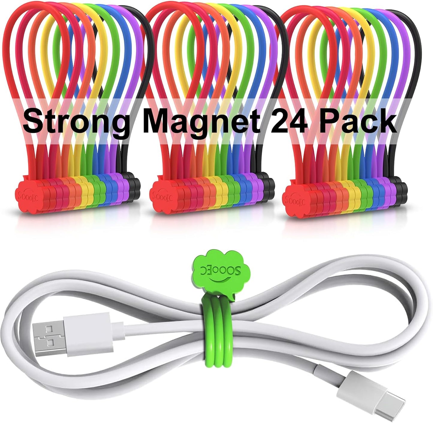SOOOEC Magnetic Cable Ties, 24 Pack 7.2" Magnetic Cord Organizer Cute Cloud Design, Reusable Silicone Twist Ties with Strong Magnet for Bundling and Cable Management, Fridge Magnets, Assorted Colors.