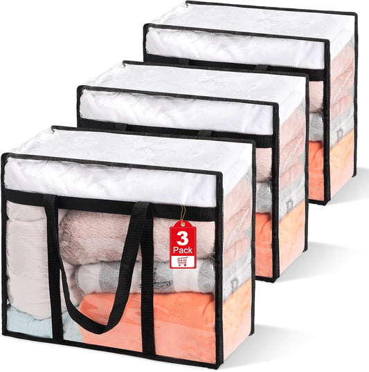 3Pack Clear Blanket Storage Bags, Vinyl Comforter Clothes Storage Closet Organizers and Storage Containers Moving Bags with Reinforced Handle for Bedding, Clothing, Comforters, Pillows, Toys,40L