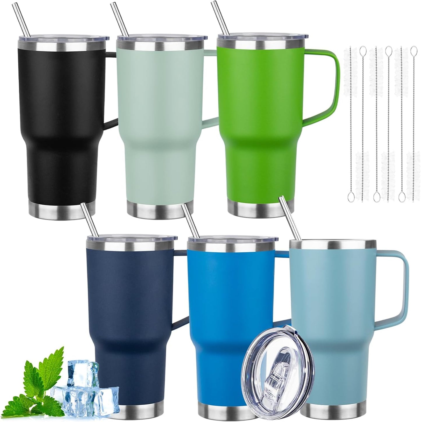 20oz Insulated Tumbler with Handle Stainless Steel Travel Coffee Mug with Lid and Straw Double Wall Vacuum Leak-proof Reusable Thermal Water Cup for Hot and Cold Drinks (Multicolor-8,6 Pack)