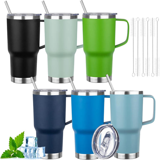 20oz Insulated Tumbler with Handle Stainless Steel Travel Coffee Mug with Lid and Straw Double Wall Vacuum Leak-proof Reusable Thermal Water Cup for Hot and Cold Drinks (Multicolor-8,6 Pack)