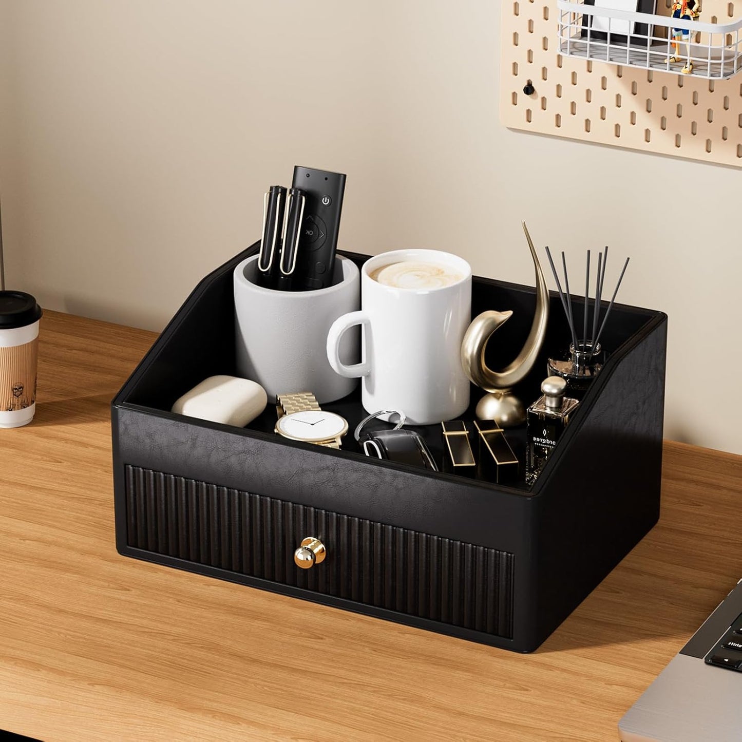 Desk Accessories,Black Vegan Leather Desk Organizers with 1 Draw & Tray,Remote Control Holder with Gold-Tone Metal Accents Knob for End Tables,Bedside Table,Bedroom