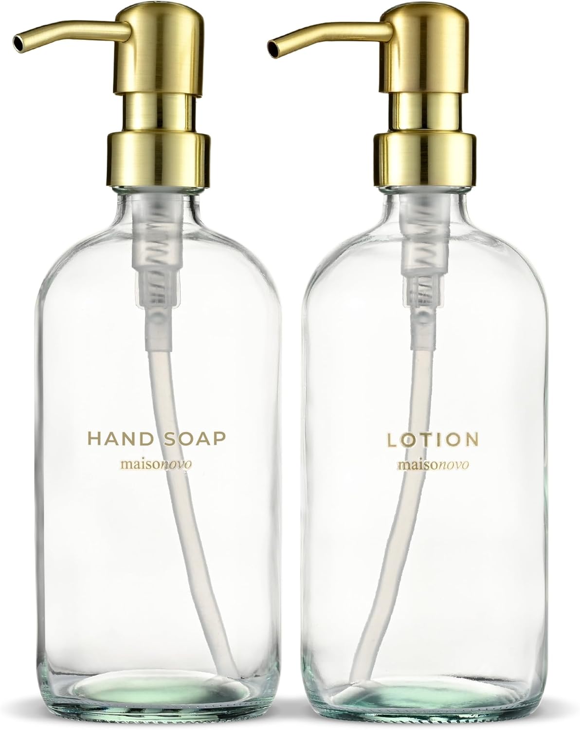 MaisoNovo Soap Dispenser 2-Piece Set | 16.9oz Clear Bottles with Gold Stainless Steel Pump