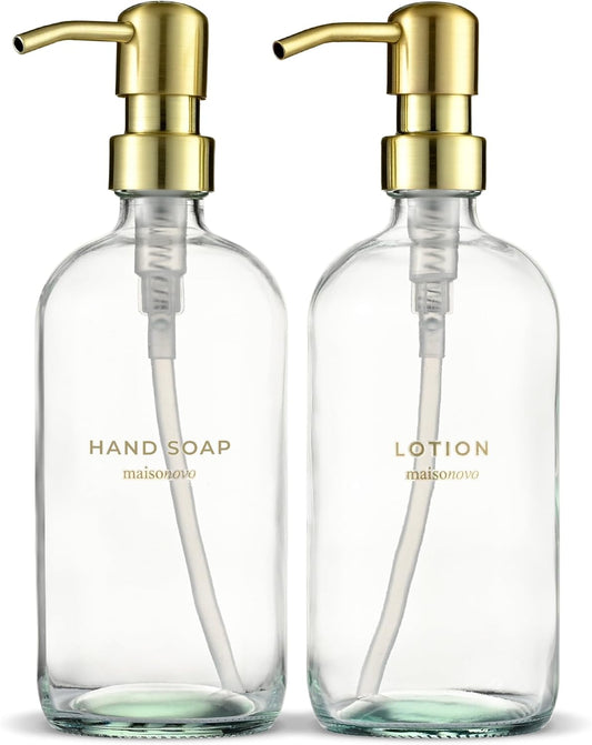 MaisoNovo Soap Dispenser 2-Piece Set | 16.9oz Clear Bottles with Gold Stainless Steel Pump