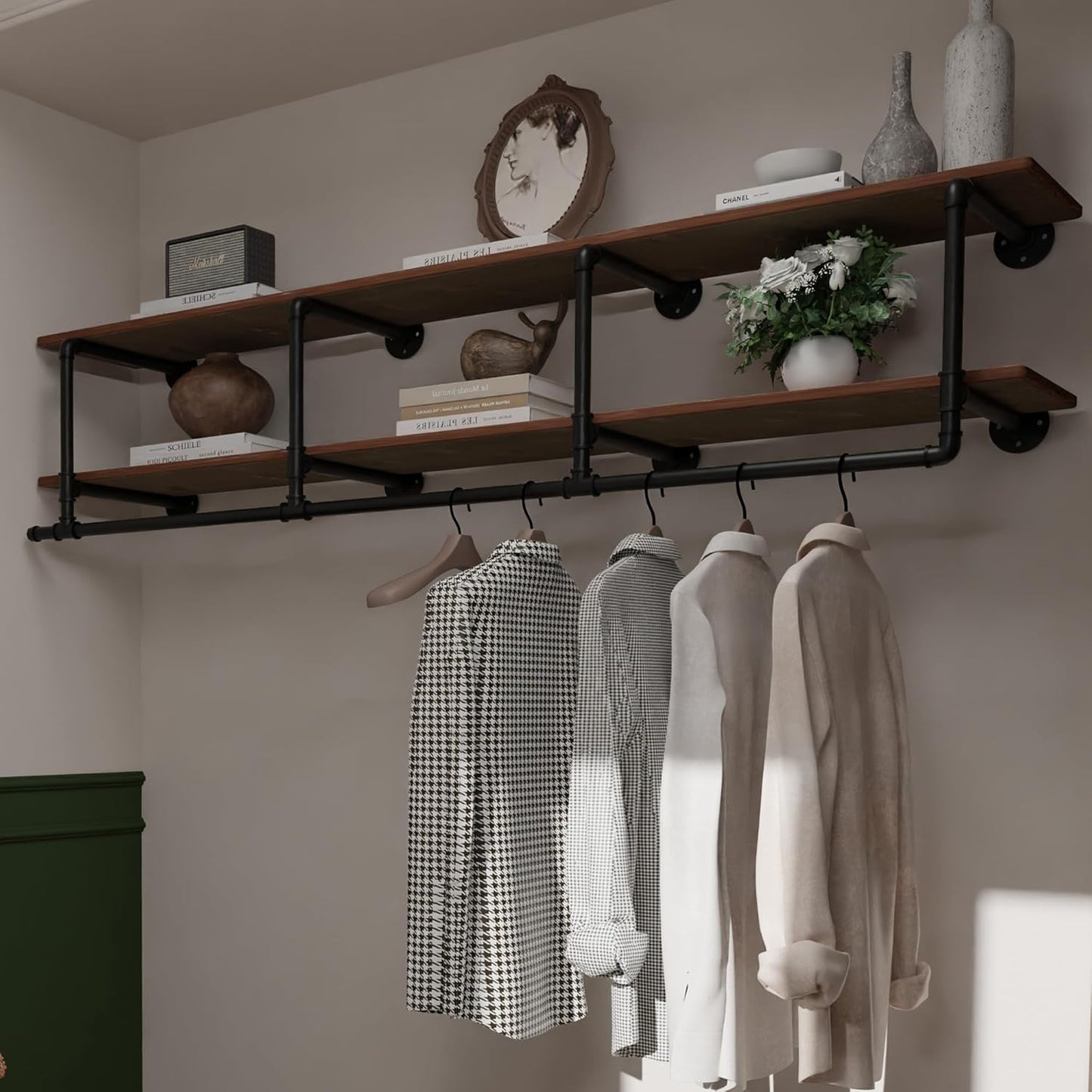 Clothes Rack 72in, Wall Mounted Garment Rack with Real Wood Shelf, Heavy Duty Hanging Clothes Rack, Multi-Purpose Hanging Rod, Space-Saving Closet Storage (2T72in)