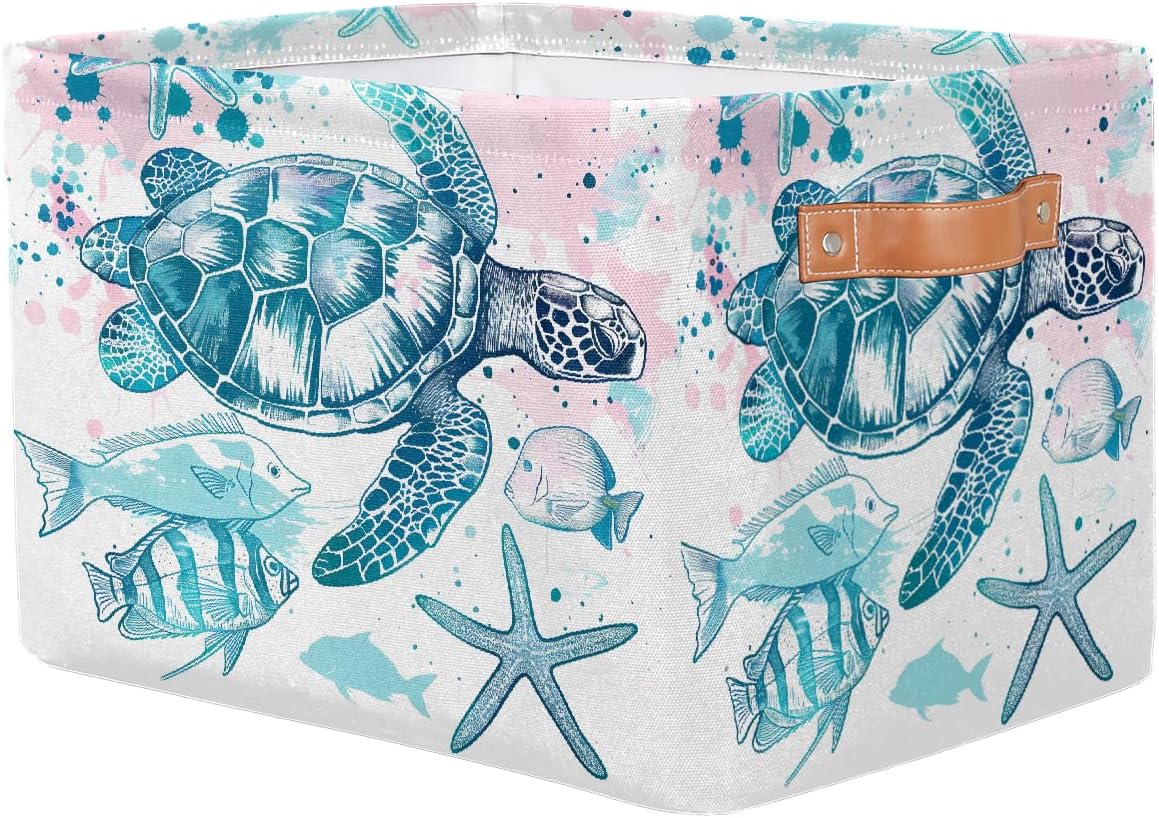 Sea Turtle Starfish Storage Basket for Shelves, Storage Bins with Handles, Collapsible Basket for Organizing, Closet Toy Baskets for Nursery Room, 15x11x9.5 in, Canvas, Ocean Tropical Fish