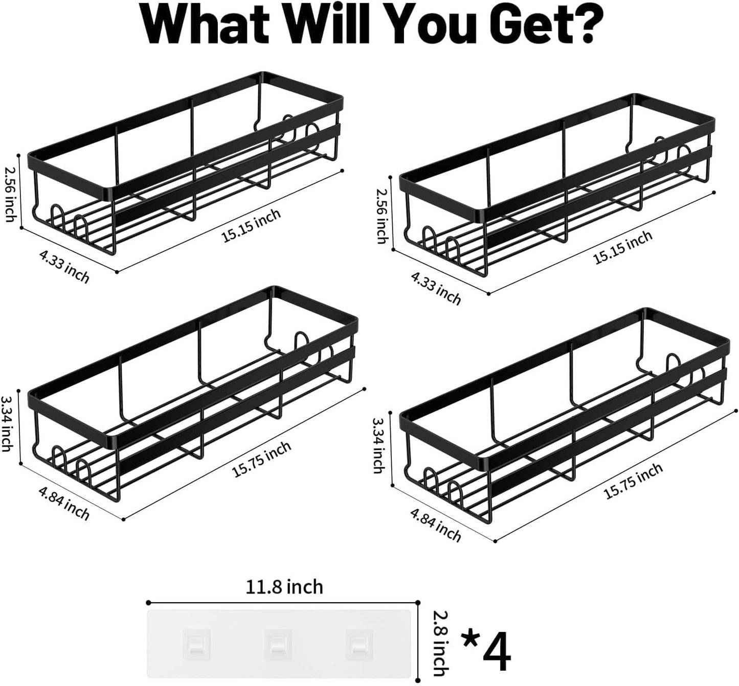 WOWBOX Shower Caddies 4 Pack - Adhesive Hanging Shower Shelf - Bathroom Organizers and Storage, No Drilling Stainless Shower Shelves for Home Decor, Bathroom Accessories (Large)