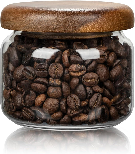 1 PC Small Glass Storage Jars with Airtight Lids, 10 fl oz (300ml) coffee container with Wooden Lid, Glass Pantry Canister for Beans, Rice, Sugar and etc