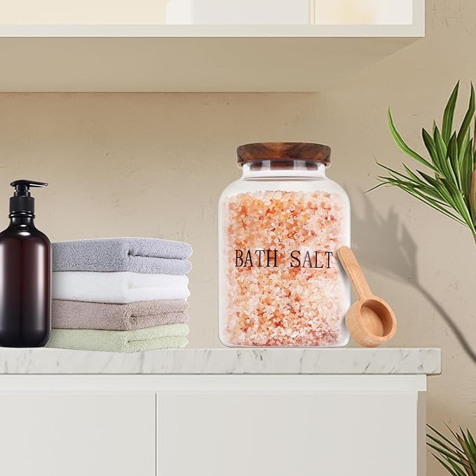 2Pcs 74 oz Glass Bath Salts Jar,Bath Salt Container with Wooden Lid and Scoop,Bathroom Organizers and Storage,for Bathroom Bath Decor,Home Decor,Bathtub Accessories for Women