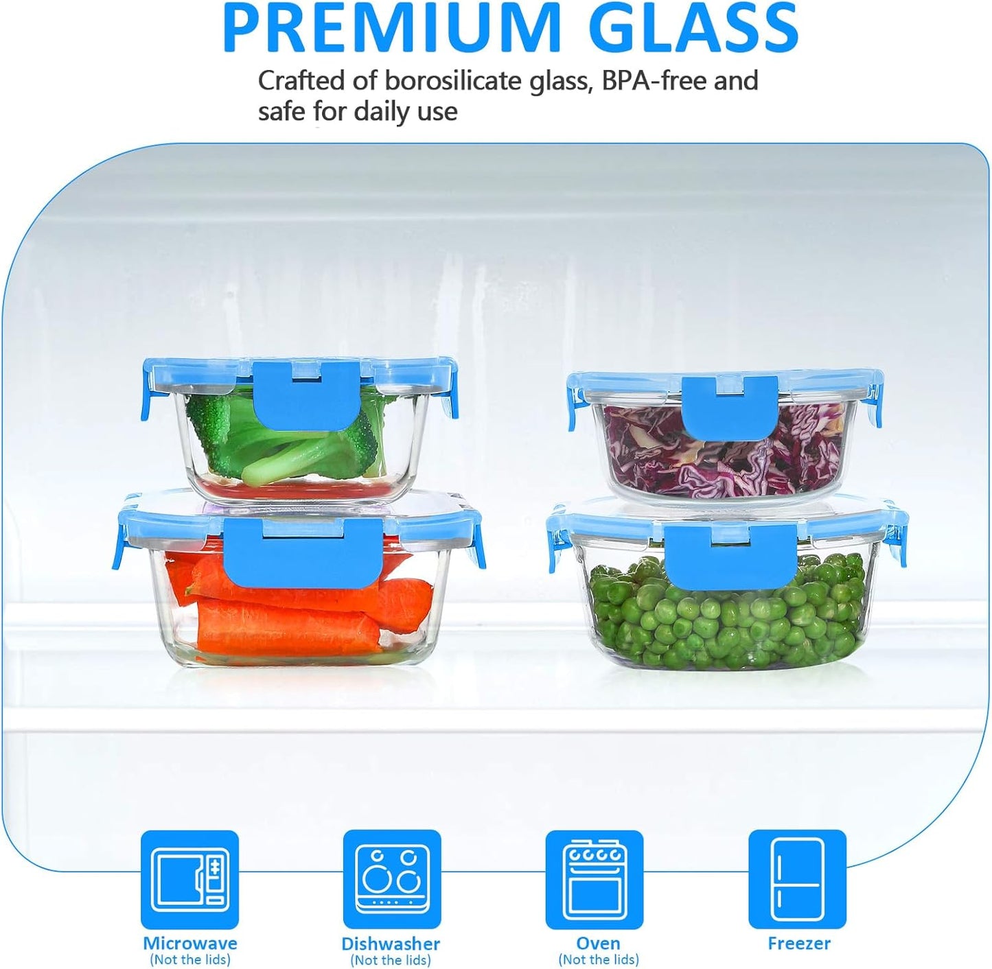 KOMUEE 24 Pieces Glass Food Storage Containers Set,Glass Meal Prep Containers-Stackable Airtight Glass Storage Containers with lids,Freezer, Microwave, Oven Safe,Blue
