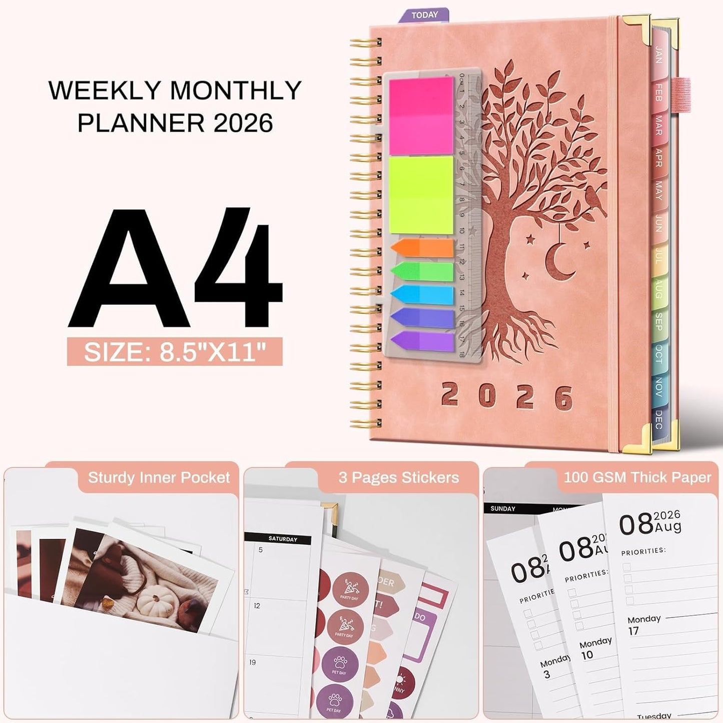 2026 Planner Weekly and Monthly Hardcover Leather Planner with Tabs 53 Weeks Schedule 8.5" x 11" Planners with Stickers for Women Yearly Agenda with Inner Pocket, Pink(Tree of Life)