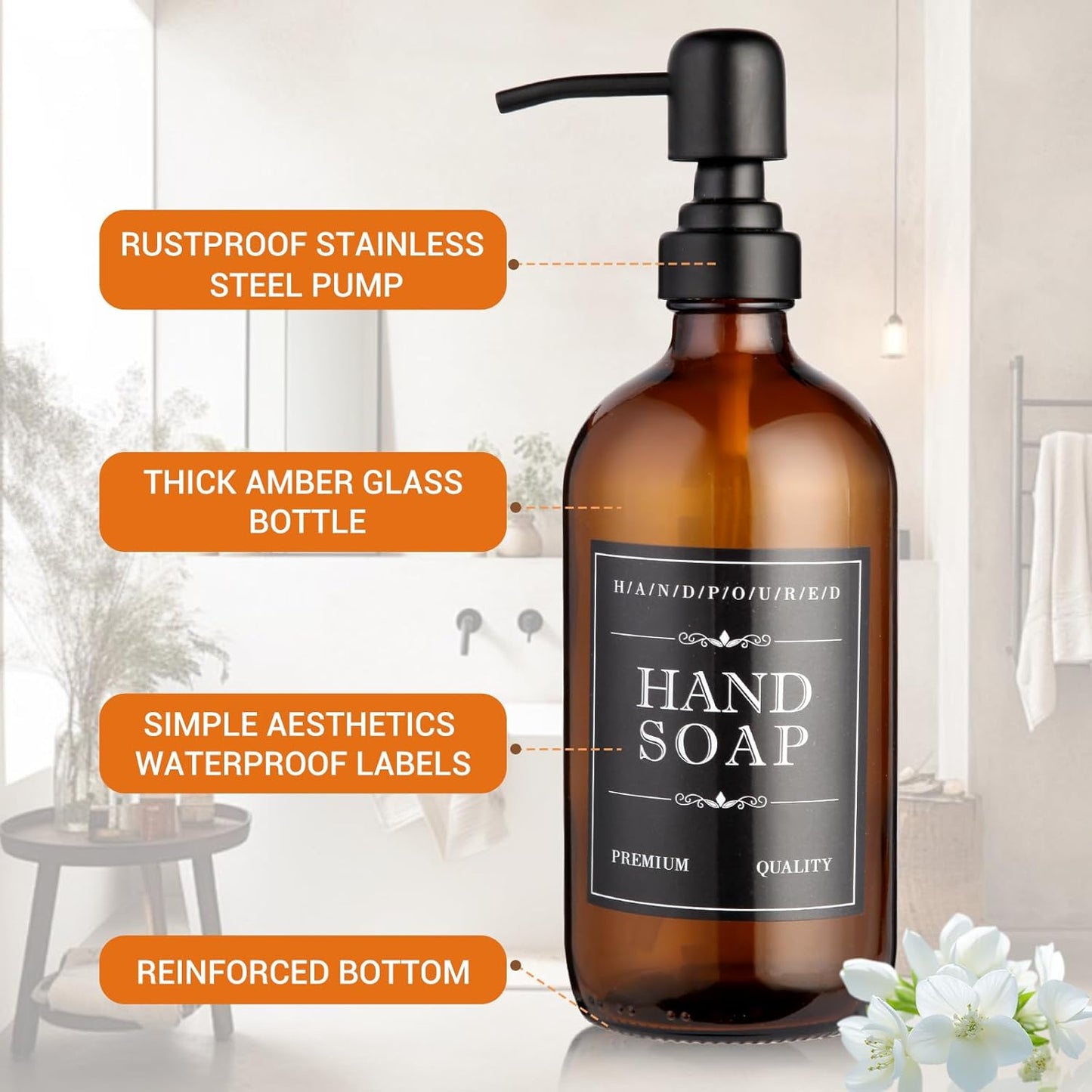 2 Pack Brown Glass Bottle, Soap Dispenser with Stainless Steel Pump,17 oz Upgrade Hand and Dish Soap Dispensers Kitchen, Hand Soap Dispenser Bathroom Accessories for Hotel, Vacation Rental, Restaurant