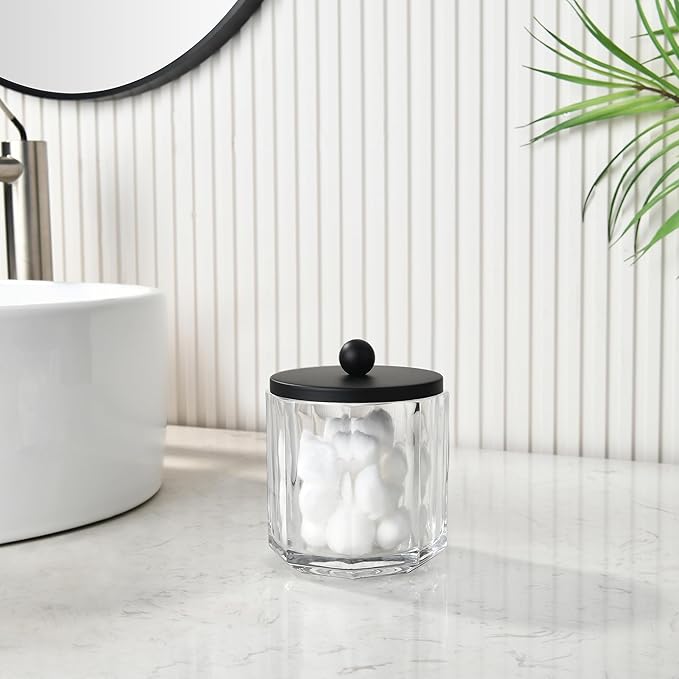 Clear Transparent Apothecary Octagional Shaped Glass Canister Jar With Matte Black Metal Lid Cover for Bathroom Organization, Cotton Balls, Q Tips, and Small Accessories, Bath Storage