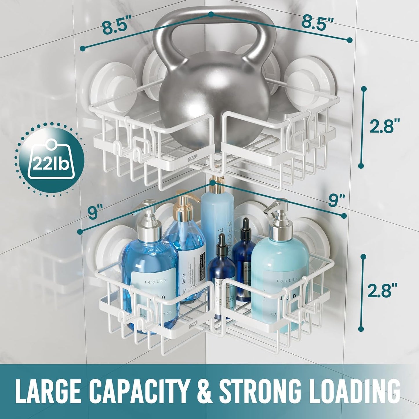 TAILI Corner-adaptive Suction Cup Shower Caddy 2 Pack, Stainless Steel Rustproof Corner Shower Shelves, Drill-Free Wall Mounted Baskets, Large Capacity Removable Suction Cup Bathroom Organizer, White