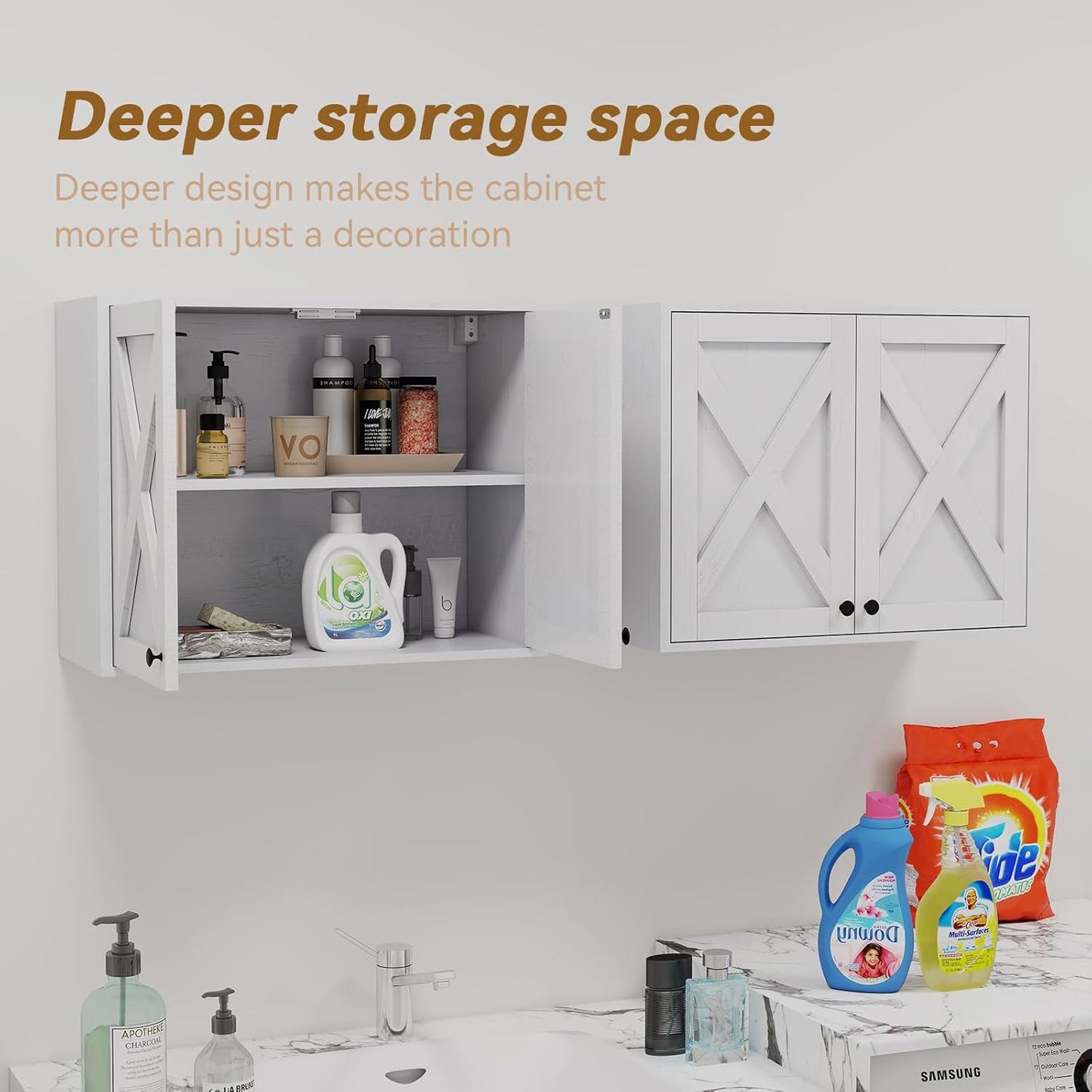 YOURLITE Laundry Cabinet, Medicine Cabinet, Bathroom Kitchen Storage Wall Mounted Farmhouse Organizer with Shelves Over Toilet, One Set of 2 Pieces X 24", White