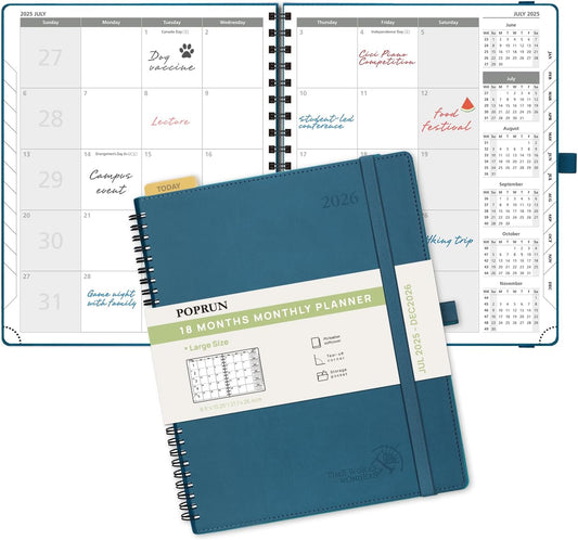 POPRUN Monthly Planner 2025-2026 Spiral Bound (8.5'' x 10.5'') 18 Months Calendar (Jul 2025 - Dec 2026) - 4 Pages per Month with Monthly Expense & Notes, Sunday Start, Leather Cover - Night Sky Blue