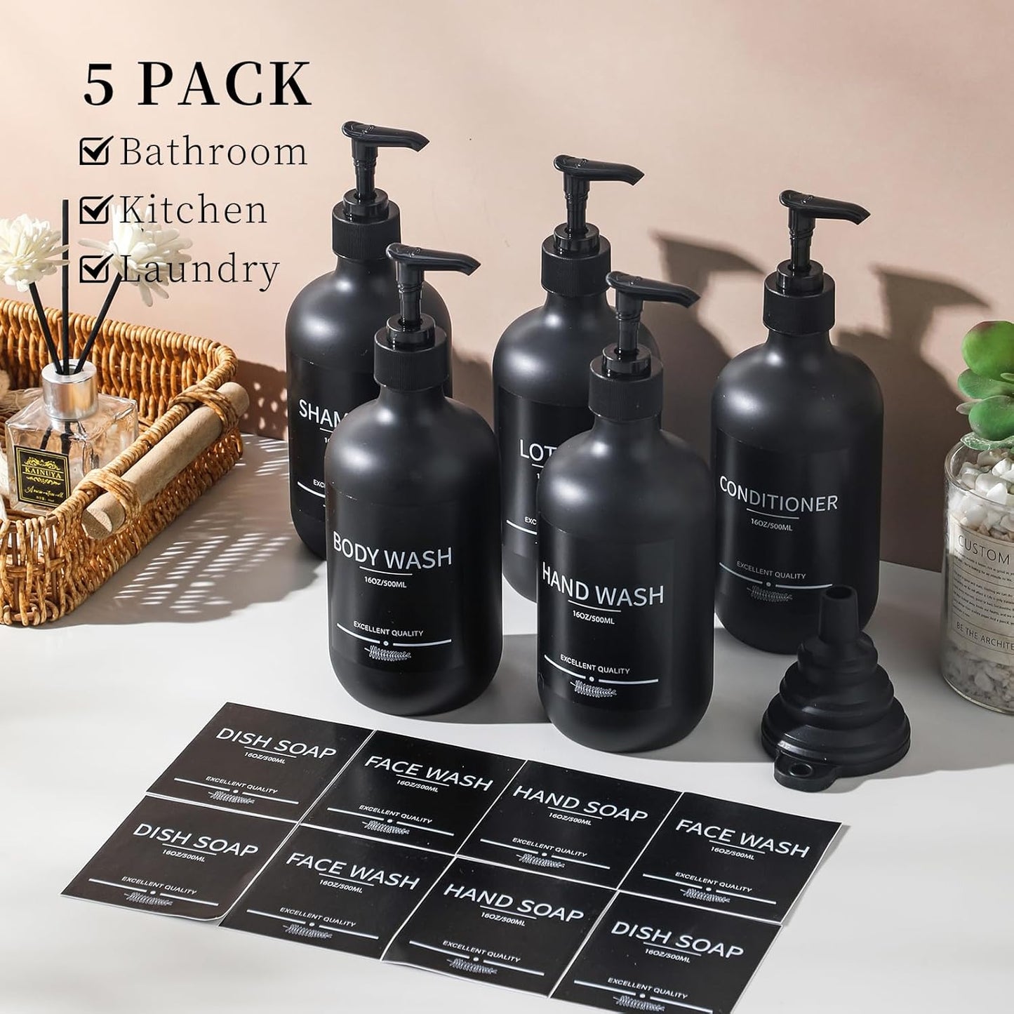 Reusable Shampoo and Conditioner Bottles (5Pack Matte Black) Plastic 16.9oz Dispenser for Conditioner,Shampoo Containers for Shower