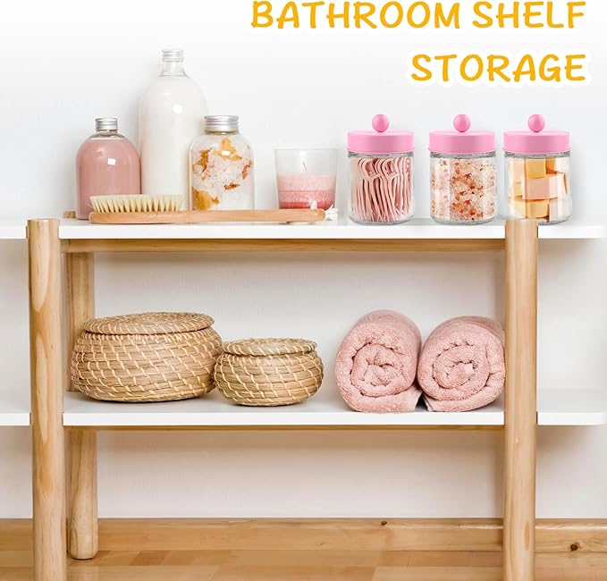 2 Pack Glass Apothecary Jars with Lids for Bathroom, Cute Qtip Holder, Pink Bathroom Accessories Set, Small Bathroom Canisters with Lids for Q-Tips, Cotton Swabs, Pink Bathhouses Decor
