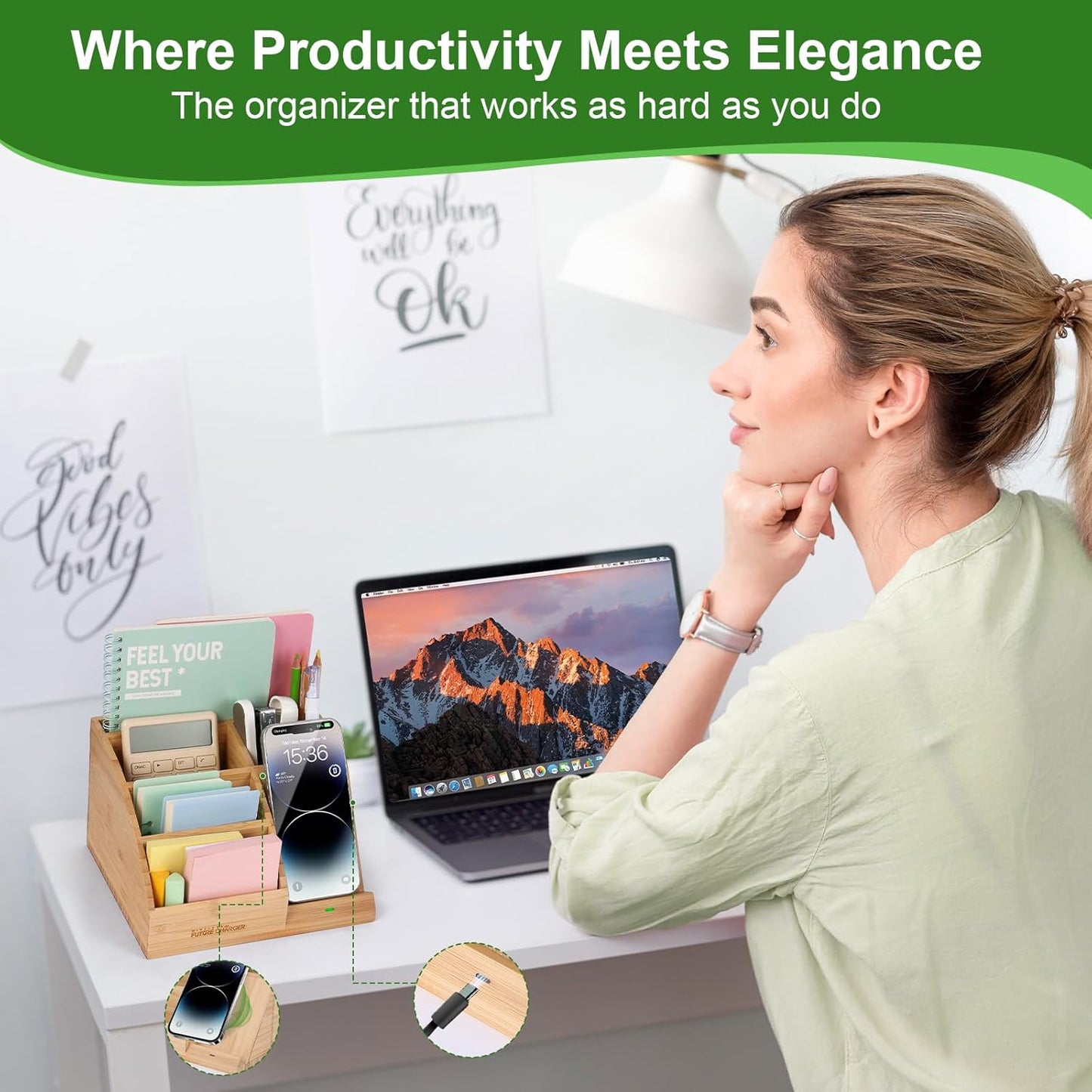 Bamboo Pen Holder for Desk & Nightstand Organizer with Fast Wireless Charging for iPhone, Samsung & More – Office Desk Accessories for Men/Women (Natural)