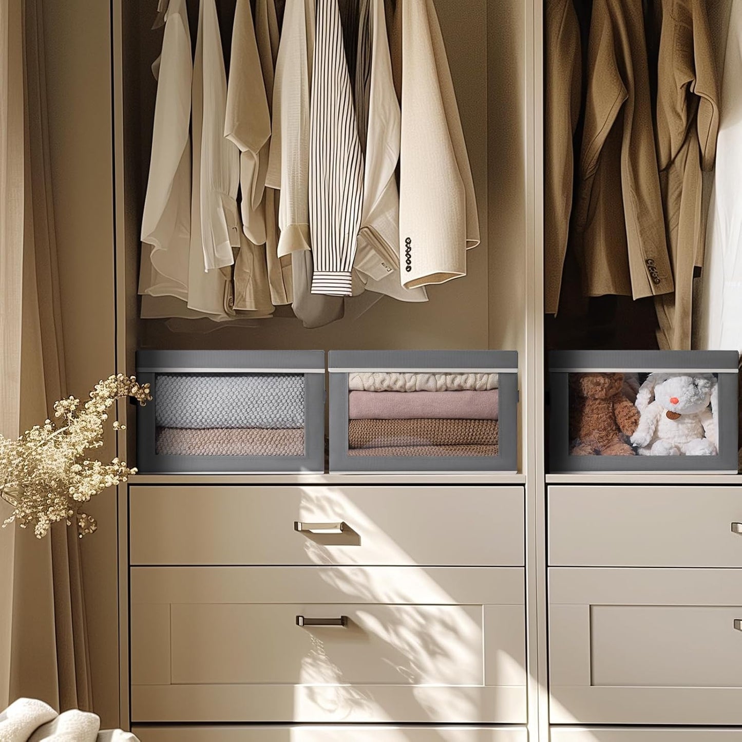 Storage Boxes with Lids - 3 Pack Fabric Clear Window Storage Bins, Collapsible Storage Bins with Lids, Linen Closet Organizer for Clothes, Towel, Blanket, Dark Grey