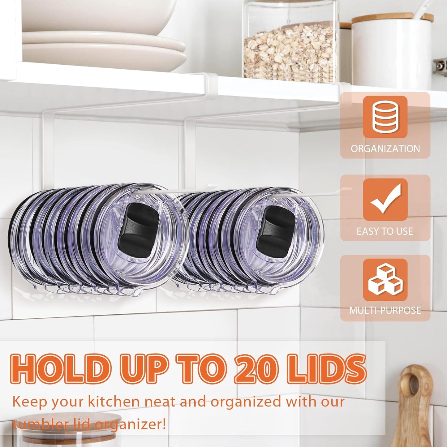 2 Pack Tumbler Lid Organizer, Horizontal Tumbler Lid Storage Hook to Hold Up 20 Lids, Space Saving Cup Lid Holders Under Cabinet Tumbler Lid Hook for Kitchen Organizer, Paper Towel Rack Hanger (White)