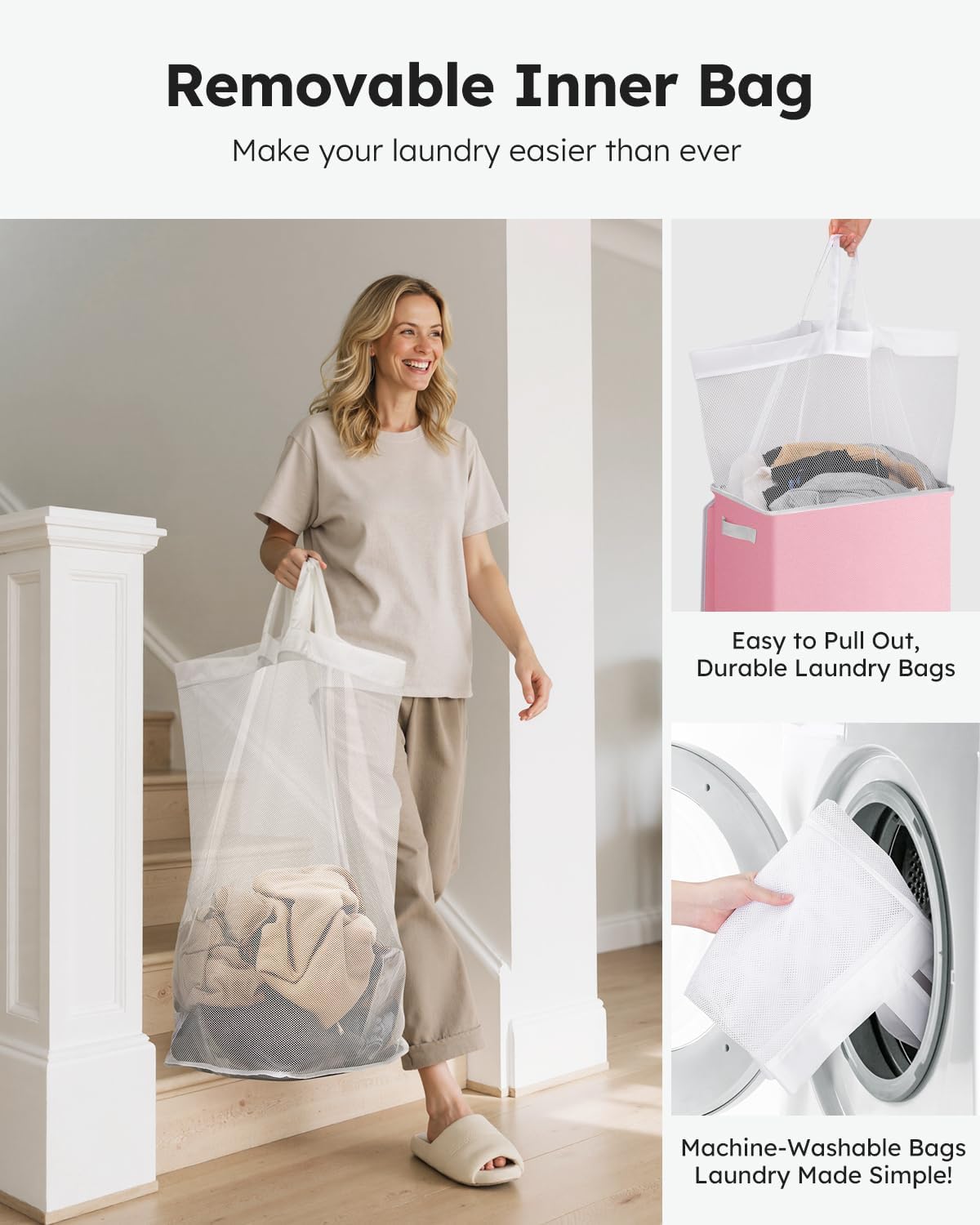 SOLEDI Laundry Hamper with Lid 100L Large & Tall Collapsible Laundry Basket, Clothes Hamper with Bag Removable Easy to Carry, Dirty Hampers for Bedroom, Bathroom, Dorm, College, Pink