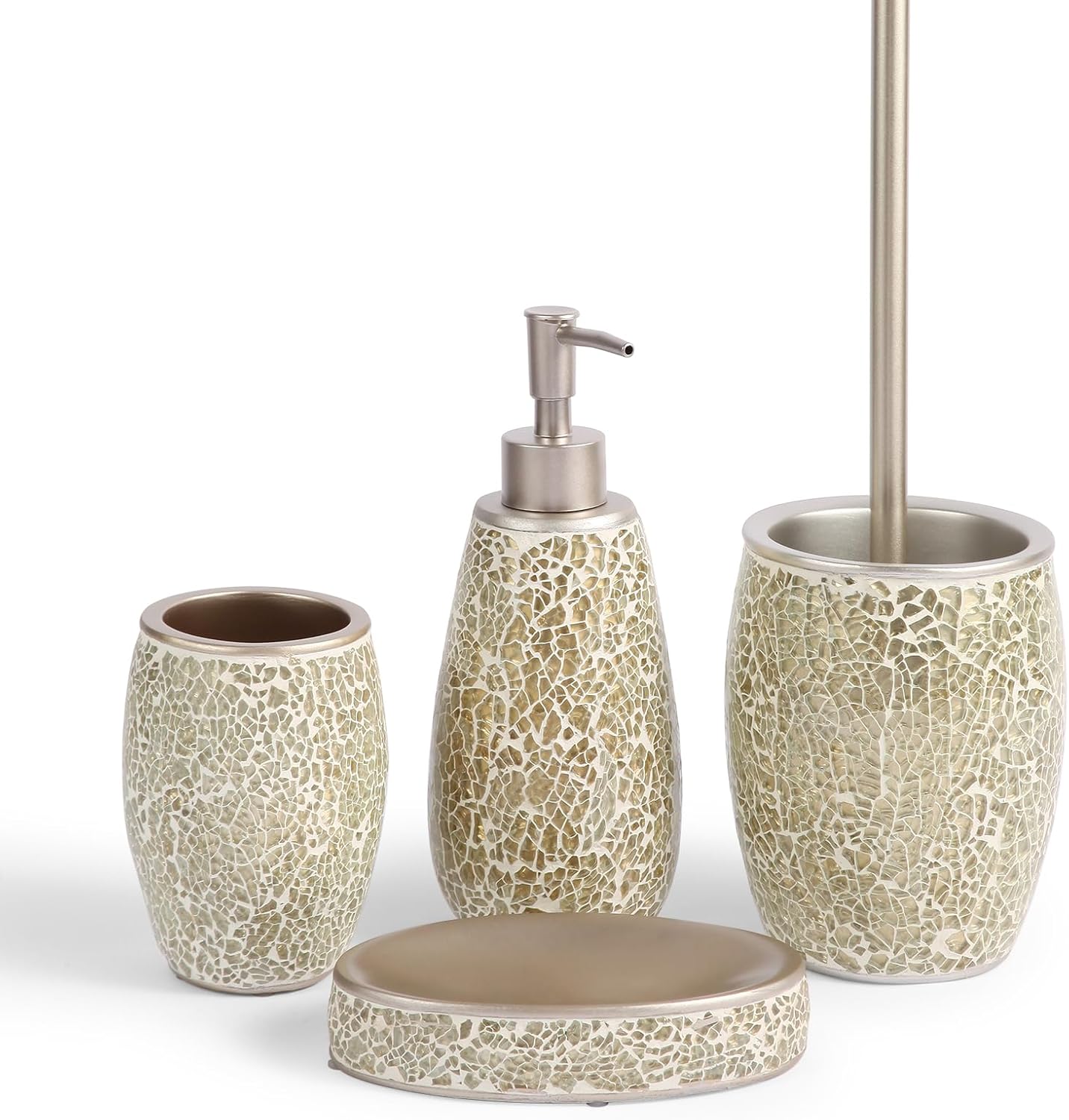 Exquisite Gold Glass Sequins Resin Bathroom Accessory Set,4 Pcs - Soap Dish,Lotion Dispenser,Toothbrush Cup,Toilet Brush & Holder,Modern Luxury Bathroom Set