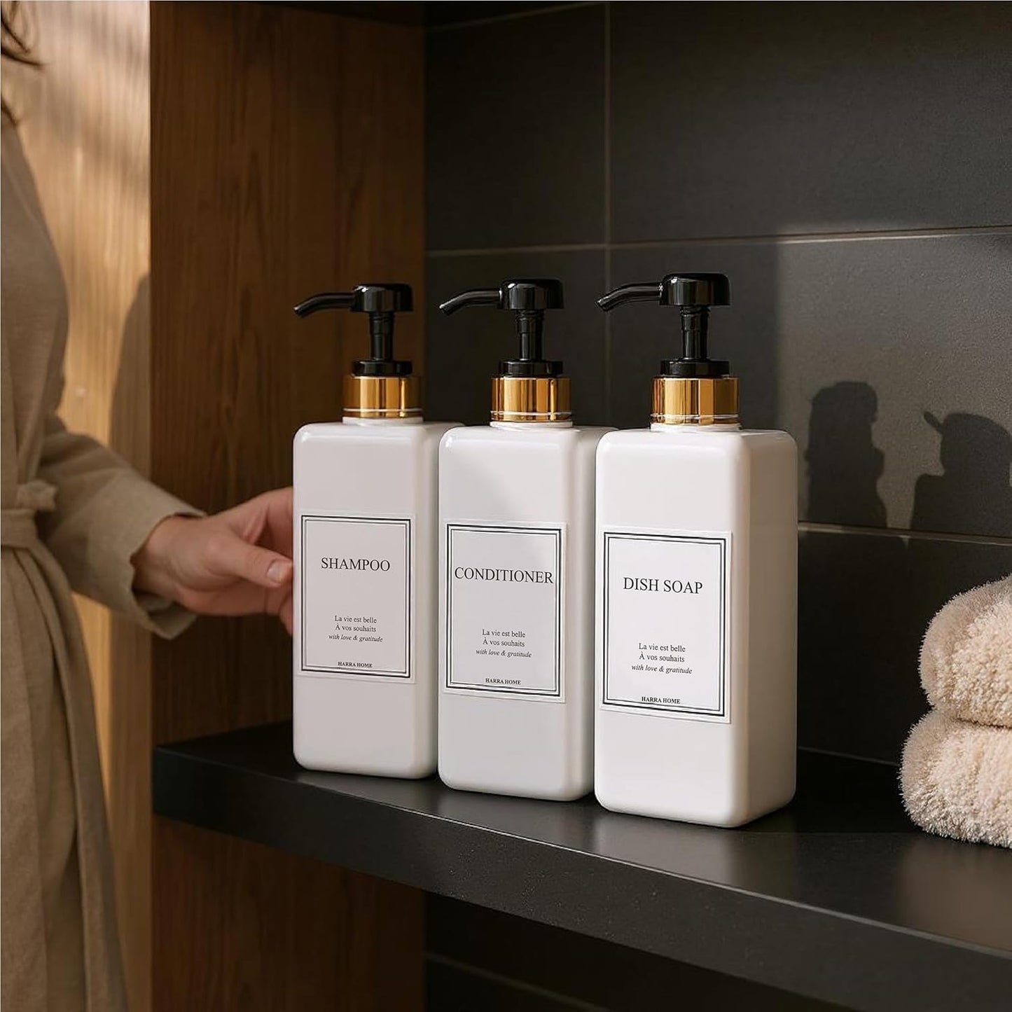 Modern Gold Design Large 27 oz Shampoo and Conditioner Dispensers - Empty Plastic Refillable Pump Bottle Set for Bathroom Shower Soap Dispenser, Gift Box Included, Set of 3 (Black)