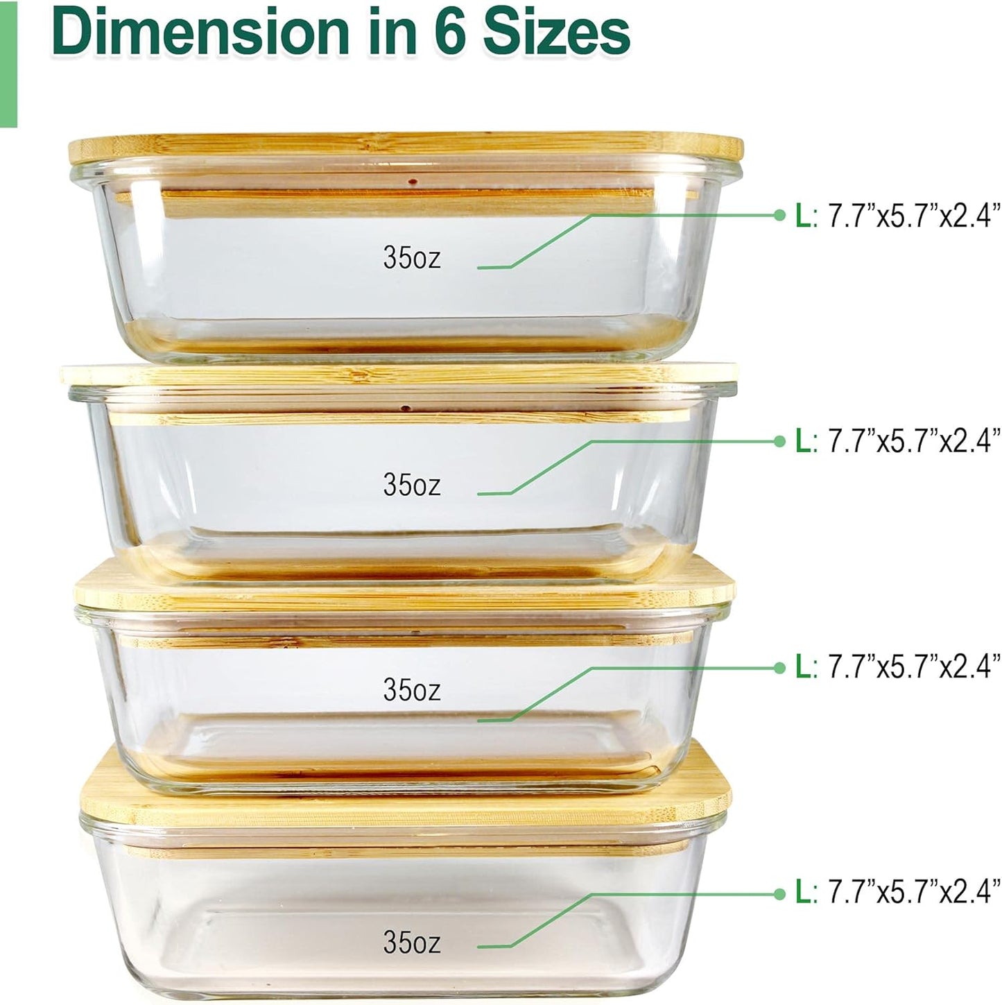 Urban Green Glass Containers with Bamboo Lids, Bamboo Meal Prep Storage Containers with Lids, Oven, Freezer, Microwave Safe, Pack of 4, 35oz