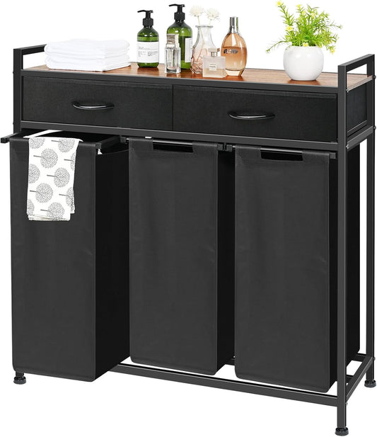 Laundry Sorter 3 Section, 180L Laundry Hamper Basket with Shelf and 2 Drawers, 3 Compartment Clothes Storage Organizer Cart, Pull-Out Removable Oxford Fabric Bags, Black