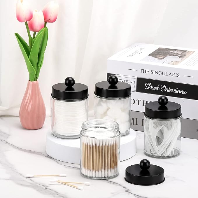 Tbestmax Glass Qtip Holder Dispenser, 10-Ounce Bathroom Containers Apothecary Jars with Metal Lids for Cotton Ball Swab Pad, Black (4 Pack)