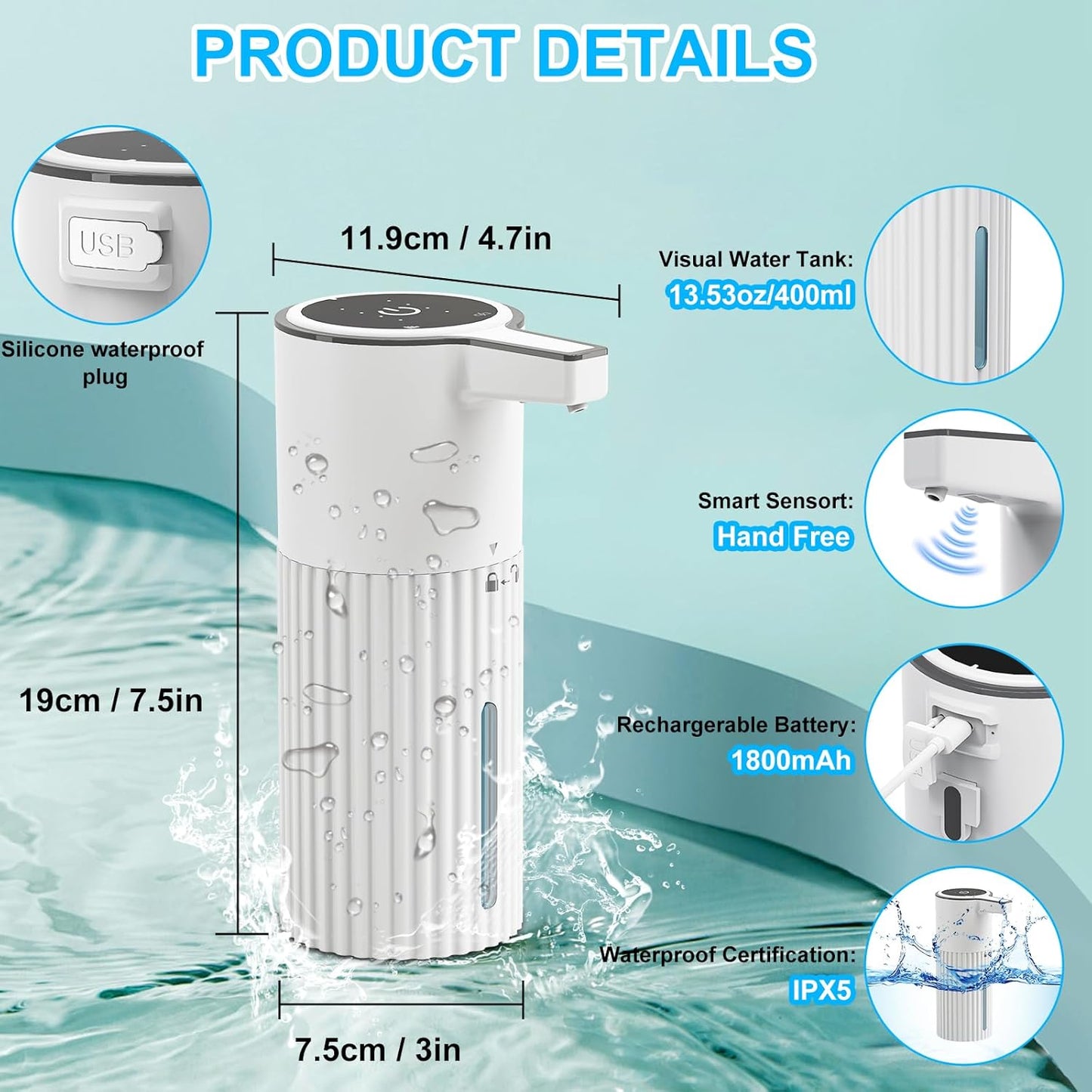 HOMELYLIFE Automatic Foaming Soap Dispenser, 13.53oz/400ml Touchless Soap Dispenser with 4 Adjustable Levels, 1800mAh USB Rechargeable Smart Hand Free Dispenser for Bathroom, Kitchen, Office, Home