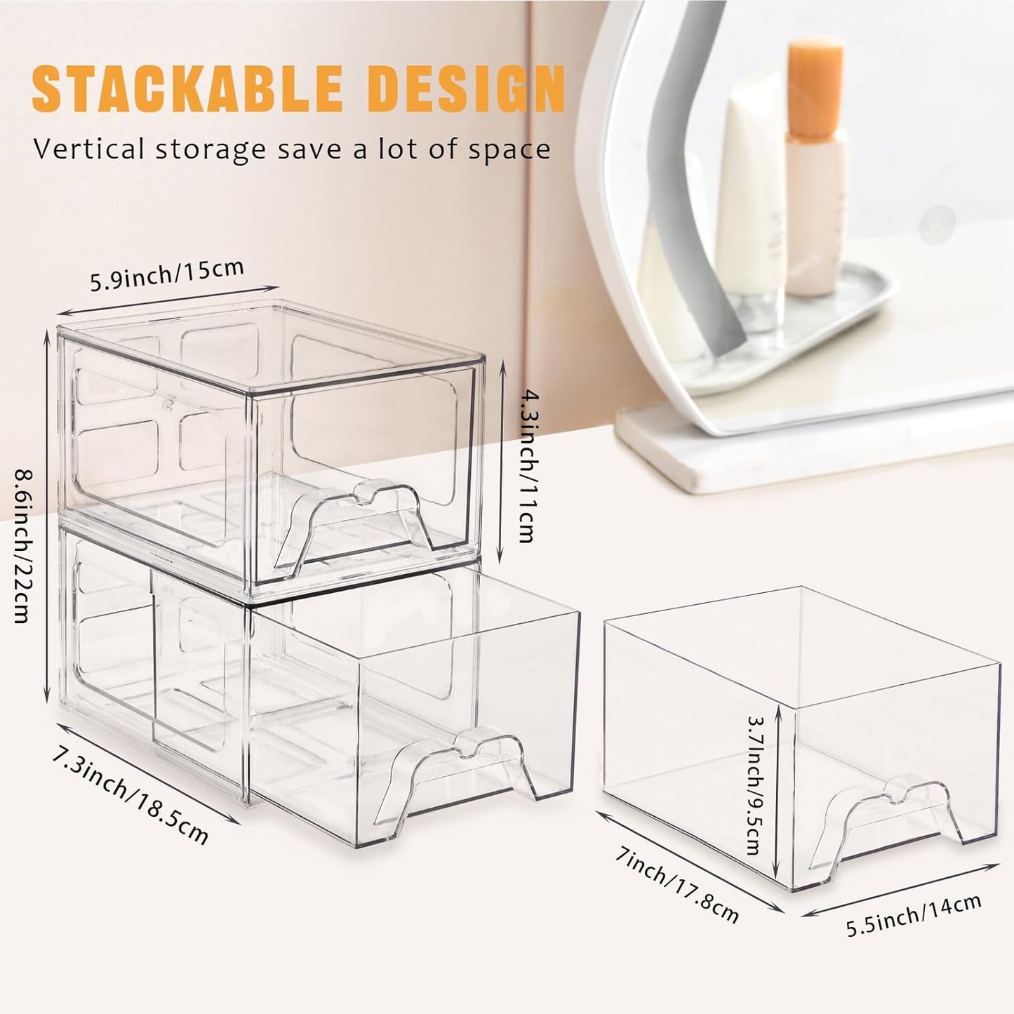 4 Pack Stackable Makeup Organizer, 4.4'' Tall Acrylic Bathroom Makeup Organizer and Storage Drawer with Pull-out Handle, Clear Plastic Storage Bins for Vanity,Pantry,Desk,Undersink,Kitchen