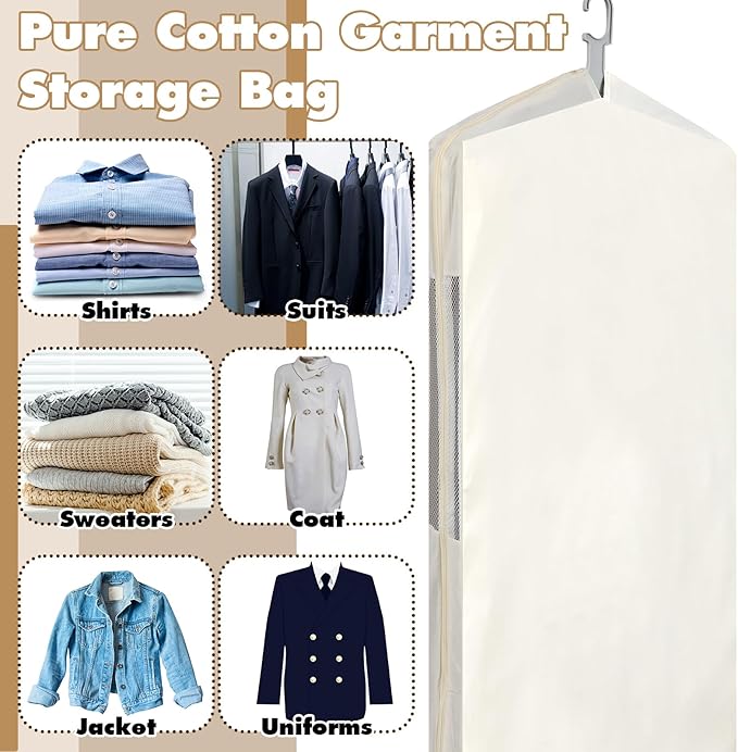 Aliceset 3 Pack Pure Cotton Garment Storage Bag for Hanging Clothes 24 x 61 Inch Breathable Garment Cover Canvas Suit Bags for Closet Storage Short Dresses Suits Gowns