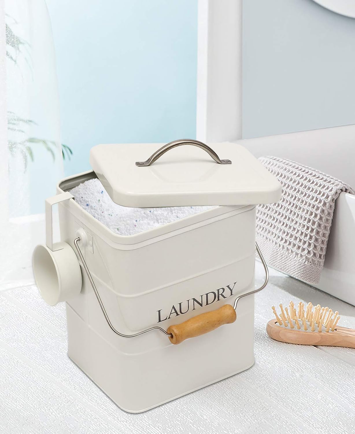 Laundry Powder Bin, Washing Powder Storage Tin with Scoop, Airtight Lid & Handles, Laundry Detergent Powder Storage Box - Perfect for Holding Pods Tablets Capsules Powder Detergent-White